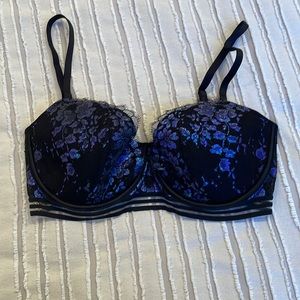 Victoria’s Secret Very Sexy black & iridescent blue lace lined balconet bra 34DD